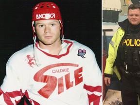 Mario Chitaroni as a hockey player, left, and as an OPP officer.