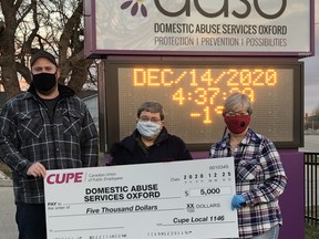 Members of CUPE 1146 made donations of $5,000 each to Domestic Abuse Services Oxford (pictured), The Inn and Operation Sharing on Monday. (Courtesy CUPE 1146)