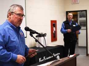 Jay Cunningham, left, shown in this 2019 file photo, will serve as the president of the Kent Federation of Agriculture for another year after being elected at the KFA's 2020 annual general meeting, held virtually on Dec. 8. Ron Faubert, right, received the Meritorious Service Award during the meeting. (File photo/Postmedia Network)