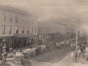 Dr. James Wallen's office was in the "McLean Property" which is the second building from the left. The photo depicts the southwest corner of King and Fifth streets. The large building at left is the Royal Exchange Hotel. The photo dates from 1882.