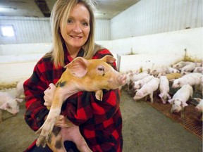 Teresa Van Raay, a farmer in Dashwood, holds up a six-week-old nursery pig in this photo from May 2019. Van Raay said she was concerned about the case of an animal activist apparently breaking into a farm and taking a piglet, then posting about it on social media. Mike Hensen/Postmedia Network