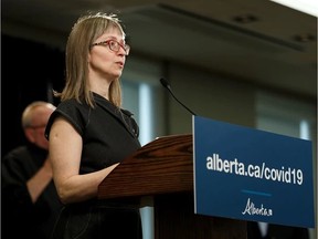 Dr. Deena Hinshaw, Alberta's Chief Medical Officer of Health, speaks during a provincial COVID-19 update at the Federal Building at the Alberta Legislature in Edmonton on Friday, March 27, 2020. Photo by Ian Kucerak / Postmedia