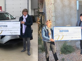 (LEFT PHOTO - Doug Thompson of Portage Toyota & RV for Dufferin Villa received by Ruth Brownridge (right), Board Member of Portage Assisted Living Corp.) (RIGHT PHOTO - Ruth Brownridge (left) is presented with a $5,000 cheque from Mandy and Jeff Dubois of McKenzies Portage Funeral Chapel.) supplied photo