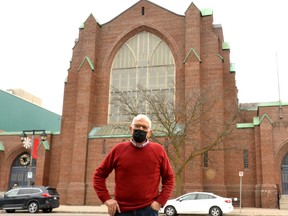 Richard Kneider of Simple Dreams Ministries stands across the street from Knox Presbyterian Church in downtown Stratford, one of a group of churches that will be ringing their bells at 8 p.m. Saturday after area residents finish their “To Stratford With Love” free community dinners at home. The ringing of the bells is meant as a signal to area residents to take a moment to think about the things or people in life they’re grateful for instead of focusing on the hardships this year has brought. Galen Simmons/The Beacon Herald/Postmedia Network