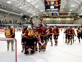 Gavin McCarthy’s teammates offer him congratulations after he backstopped the Timmins Rock to a 4-0 win over the Hearst Lumberjacks at the McIntyre Arena Tuesday night. McCarthy stopped all 27 shots he faced to earn his first NOJHL shutout. The Rock will travel to Hearst for a game against the Lumberjacks at the Claude Larose Arena Wednesday night. ANDREW AUTIO/LOCAL JOURNALISM INITIATIVE