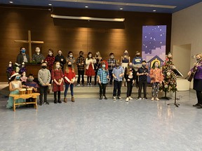 Madonna Catholic School decided to keep the Christmas concert alive by adapting it to the online world. Students spent Monday, Dec. 14 performing their songs, class by class, for the concert, which was filmed and will be posted online. Photo Supplied