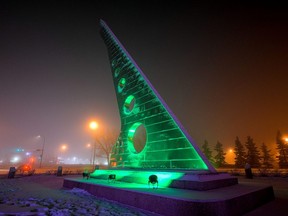 The Centre 2000 sundial is lit up in the Christmas colours to celebrate the centre’s 20th anniversary.