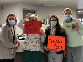 Unit 100 staff show their appreciation to the High River Hospital Auxiliary after they provided homemade cookies for the staff at the Hospital, Nanton Community Health Centre and the Silverwillow Lodge. This is part of the High River District Health Care Foundation’s Operation Healthcare Heroes initiative.