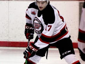 Hunter Brazier warms up prior to CCHL hockey action with the Kemptville 73's.