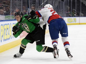 Fellow Park product Matthew Robertson of the Edmonton Oil Kings checks Prince Albert Raiders turned Team Canada defenceman Kaiden Guhle during a game in 2019. David Bloom/Postmedia Network