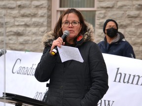Leslee White-Eye, a former chief of the Chippewas of the Thames First Nation, speaks at Monday’s Wise Communities rally against a $400-million float-glass plant proposed for Stratford’s south end. (Galen Simmons/The Beacon Herald)