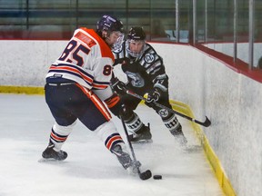 Photo courtesy NOJHL

Soo Thunderbirds defenceman Cameron Dutkiewicz (left) works hard to keep the puck in the Espanola Express zone during weekend NOJHL action in Espanola.