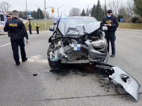 A three-vehicle collision at the intersection of Norfolk Street North and Davis Street East sent one to hospital on Monday. (OPP PHOTO)