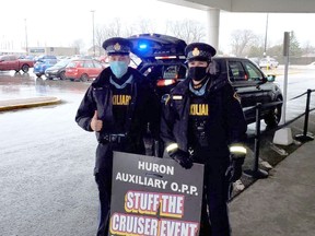 On Dec. 12 Huron OPP Auxiliary Unit held the annual 'Stuff a Cruiser' event at Goderich Zehrs. Four cruisers were filled and a total of $678 in cash was received. All donations were given to Salvation Army. Submitted