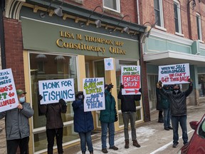 A proposed law tucked away in Budget Bill 229 would severely limit the power of conservation authorities in Ontario. In response to the proposed changes approximately 30 residents of Huron County rallied outside the office of MPP Lisa Thompson in Blyth on Dec. 14. (Dean Whalen)