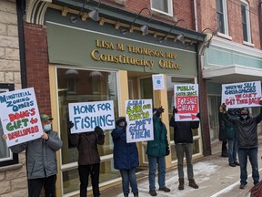 A proposed law tucked away in Budget Bill 229 would severely limit the power of conservation authorities in Ontario. In response to the proposed changes approximately 30 residents of Huron County rallied outside the office of MPP Lisa Thompson in Blyth on Dec. 14. (Dean Whalen)