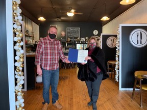 Huron-Bruce MPP Lisa Thompson presents a ‘Small Business Big Hearts’ award to Peter Gusso, owner of Part 2 Bistro in Goderich. Submitted