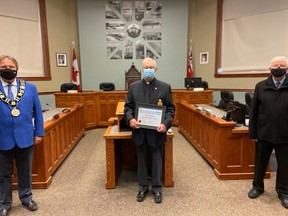 Allan Livingstone received the 2020 'Senior of the Year' award in the Goderich Council Chambers on Dec. 14. Joining Livingstone was John Grace, Mayor of Goderich (left) and Richard Madge, member of the board of directors at the MacKay Centre, and who put the nomination forward (right). Submitted
