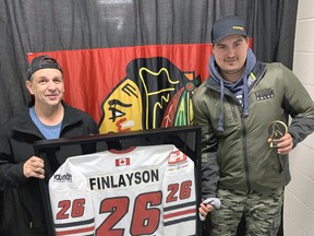 Mitchell Hawks Vice-President Scott Mace (left) presented Jake Finlayson with a framed jersey which chronicled his six-year career with the Provincial Junior Hockey League (PJHL) team. Finlayson began his Hawks' career as a 16-year-old and ended it last year in disappointing fashion after Game 7 of the Pollock Division semi-final against Mount Forest in early March as an overage player. COVID-19 restrictions didn't allow a formal event to properly recognize Finlayson's accomplishments, but it's duly noted in the team's illustrious history. ANDY BADER/MITCHELL ADVOCATE