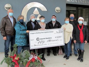 Jim and Lois Watson's children recently donated $50,000 in their parents' memory toward the 'Building a New Craigholme' capital campaign in Ailsa Craig. From left are Honourary chairs Bev and Barb Shipley, committee chair Jackie Wells, Craigwiel Gardens board chair Jennifer Gillies, and Jim and Lois Watson’s children Doug Watson, Marg McKichan, Don Watson and Marion Robinson. Sarah Hornblower