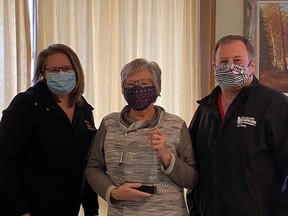 Warwick Township Mayor Jackie Rombouts (left) and Coun. Wayne Morris (right) presented Maryanne Cundick (centre) with the 2020 Senior of the Year award on Dec. 15. Handout/Sarnia This Week