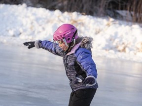 A. J. Gibson, 6, enjoys some time tuning up her skating technique on Dec. 22 at the Muskoseepi Park Pond with sister Edie, 4, and mom Krista Bollinger. There are still plenty of options this Christmas to get some fresh air and exercise.