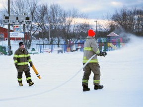 Powassan firefighters have been busy the past several days putting down layer after layer of ice on a ball diamond to create a surface for public skating and hockey.
Kathie Hogan Photo