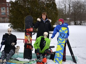 After spending all weekend building a snowboard park in Melissa McKerlie’s backyard in Stratford, the Skeletons of Vivian Line were a little disappointed Monday as they watched all their hopes melt away with the snow. The Skeletons of Vivian Line are back for some online fun during the province’s 28-day lockdown. (Galen Simmons/The Beacon Herald)