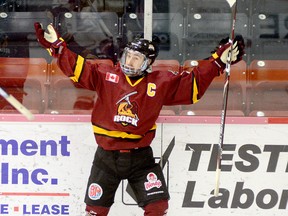 Timmins Rock Captain Derek Seguin, shown here celebrating a goal against the Rayside-Balfour Canadians at the McIntyre Arena on Nov. 28, headlines the Eastlink TV 3 Stars of the Week for the final period of 2020. The 20-year-old South Porcupine native has 12 goals in his first 12 games of the 2020-21 NOJHL regular-season campaign. THOMAS PERRY/THE DAILY PRESS