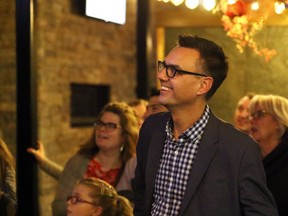 Bill Given, re-elected to his third term as Mayor of Grande Prairie, watches as results begin to come in at an election gathering at Earls, where about 40 supporters joined him, on Monday October 16, 2017 in Grande Prairie, Alta.