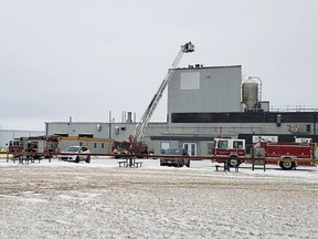 The fire department on scene of the fire at NutriPea. (supplied photo)