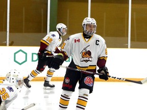Timmins Rock forward Derek Seguin prepares for an NOJHL game against the Rayside-Balfour Canadians at Chelmsford Arena in Chelmsford, Ontario on Thursday, November 19, 2020.