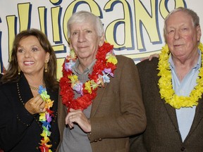 Dawn Wells, Bob Denver and Russell Johnson, cast members in "Gilligan's Island," pose during a launch party for "Gilligan's Island: The Complete First Season," which will debut on DVD February 3, 2004 in Marina Del Rey, California. REUTERS