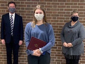 Mayor Ian Boddy and Coun. Marion Koepke (right), chair of the community services committee, with Owen Sound's 2020 youth volunteer of the year award recipient Lauren Radbourne. SUPPLIED