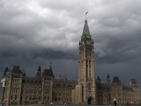 Storm clouds pass by the Peace tower and Parliament Hill on Aug. 18, 2020.
