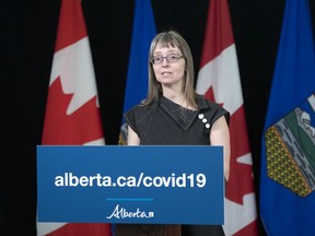 Alberta's chief medical officer of health, Dr. Deena Hinshaw, gives a COVID-19 update to reporters by teleconference from the Edmonton Federal Building on Monday, April 13, 2020.