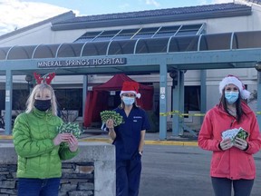 Members of United Nurses of Alberta (UNA) donated $1,000 and the Banff Mineral Springs staff donated $1,792 to the Santa's Anonymous Banff and Lake Louise 2020 campaign on Dec. 7. (Pictured) Tanya Piercey, Bonny Geyer, Melissa Mason. Photo Margarette Moar Bell.