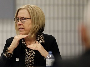 Quinte Health Care vice-president Carol Smith Romeril, shown during a 2019 board meeting in Picton, said local hospitals are working beyond their funded capacities. She said there are concerns the area's rapidly-increasing COVID-19 infections could overwhelm the health care system.
