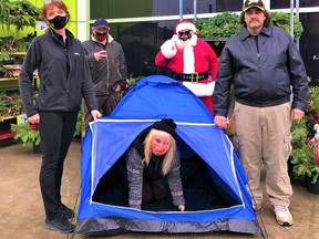 The Sleep Out Challenge is being held overnight Friday in Quinte West to raise funds to support homeless people in need. From left to right, Lorraine Blakely, Duncan Armstrong, June Kellar, Santa (James Southern), and Mike Haggart will be helping organize the event to be held at Freshco in Trenton where donations from the public will be accepted. SUBMITTED PHOTO