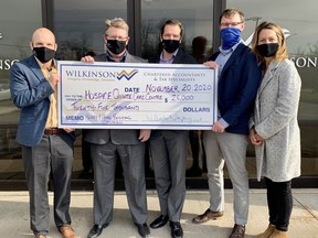 Adrian DeGroot, Kurt Gregoire, Tim Clark, Kris Himberg-Larsen & Andrea DiRocco (HQ Capital Cabinet Member) from Wilkinson & Company LLP presented a donation of $25,000 to Hospice Quinte's Heart & Home Building Campaign recently.
SUBMITTED PHOTO