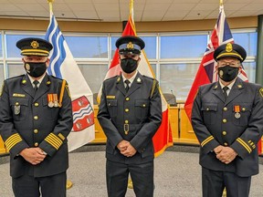 Fire Chief John Whelan, Fire Captain Perry Holland, and OPP Provincial Constable Dan Charland all were honoured at Monday eveningÕs City of Quinte West virtual council meeting for their actions in saving a manÕs life in a residential structure fire. CITY OF QUINTE WEST FACEBOOK PHOTO