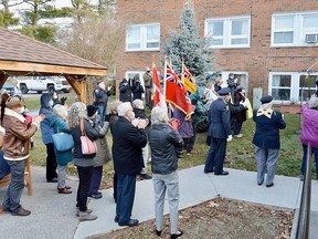 This photo shows only about one-third of the masked and socially distanced group that gathered outside the Stirling Manor this past Sunday morning to sing a rousing Happy Birthday to one of the villageÕs most senior citizens. There were parishioners from St. James the Minor Church, members of the Royal Canadian Legion Branch 228 and a few friends of the Birthday Boy himself. John Mylod (not pictured) celebrated his 100th birthday on December 7 and was overwhelmed by the heartfelt acknowledgement. TERRY VOLLUM