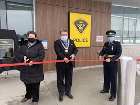 Jennifer Haley, chair of the Brant police services board, Brant Mayor David Bailey and Insp. Lisa Anderson, Brant OPP commander, officially open Tuesday the detachment's new station at 67 Bethel Rd., at Rest Acres Road.