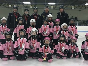 Players and coaches from last year's Ice Kittens program celebrate the end of the season. After COVID forced the cancellation of the Brantford Girls Hockey Association's fall Ice Kittens and tyke programs, the organization is trying to gauge if there's enough interest to run winter programs for both those divisions.