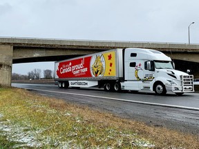 A Giant Tiger truck heads west on Highway 401 through the underpass at North Augusta Road in Brockville. (RONALD ZAJAC/The Recorder and Times)