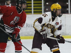 Brockville defenceman Adam Chouinard keeps tabs on Athens forward Jesse McCoy in front of the Tikis net during a controlled scrimmage at the Memorial Centre on Wednesday night. 
Tim Ruhnke/The Recorder and Times