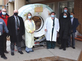 Photo by KEVIN McSHEFFREY/THE STANDARD
Several St. Joseph General Hospital staff as well as board and foundation members posed with the new state-of-the-art CT scanner on Tuesday, Dec. 8.