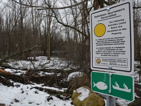 A sign and trees that have been placed at the launch ramp area at Shallow Lake on Thursday, December 10, 2020.