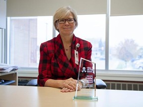 Chatham-Kent Health Alliance president and CEO Lori Marshall shows the Provincial Conversion Rate Award received from the Trillium Gift of Life Network in December 2020. (Contributed Photo)