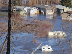 The flooded Ptarmigan Trailer Park in downtown Fort McMurray on Wednesday, April 29, 2020. Parts of downtown Fort McMurray began flooding on Sunday, April 26, 2020. Vincent McDermott/Fort McMurray Today/Postmedia Network